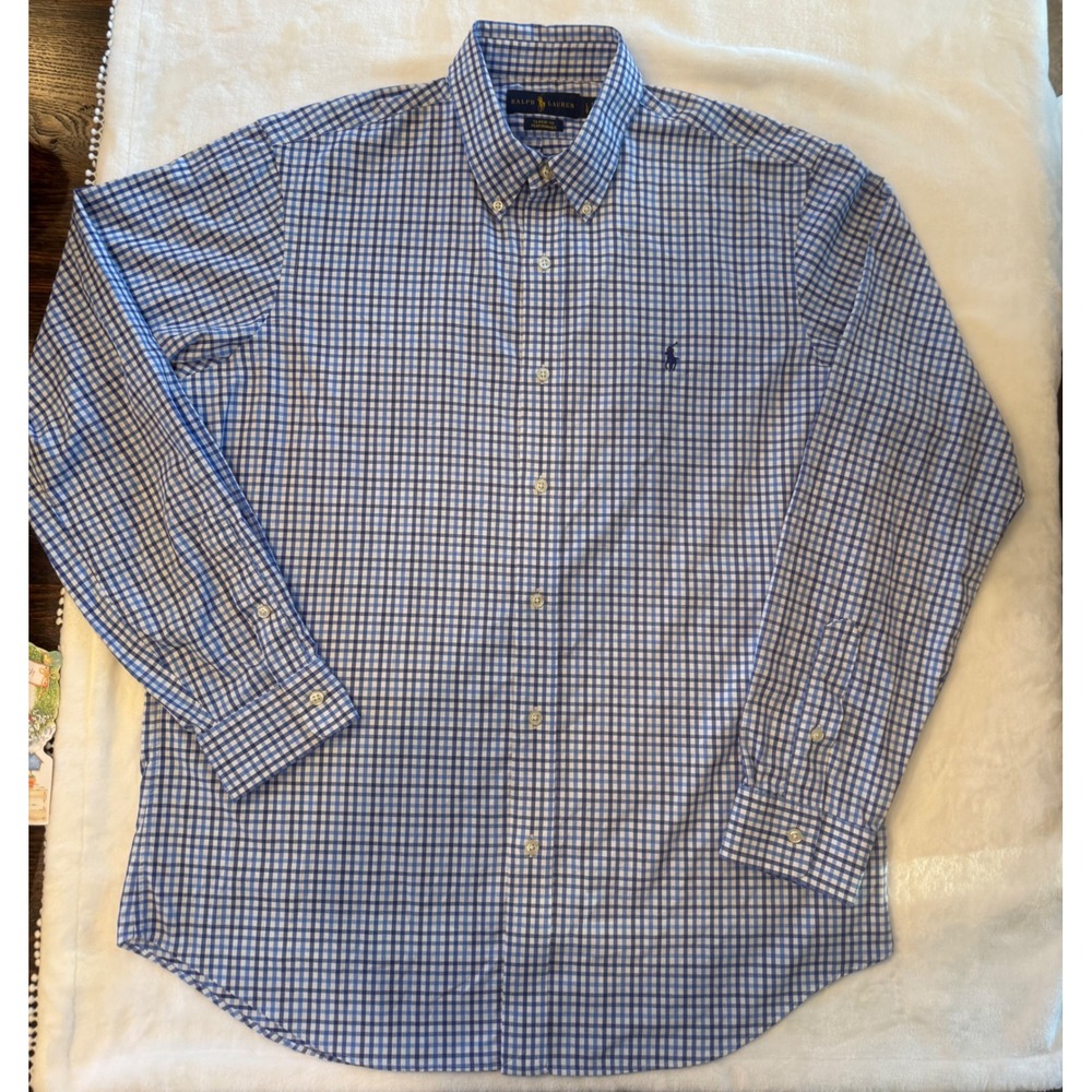Ralph Lauren Performance Mens Large Blue Gingham Classic Fit Button Down Shirt